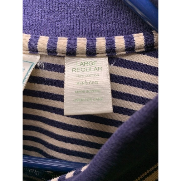Vintage LL Bean Men's Polo Navy White Striped Regular Short Sleeve 1/4 Button L - Picture 3 of 8